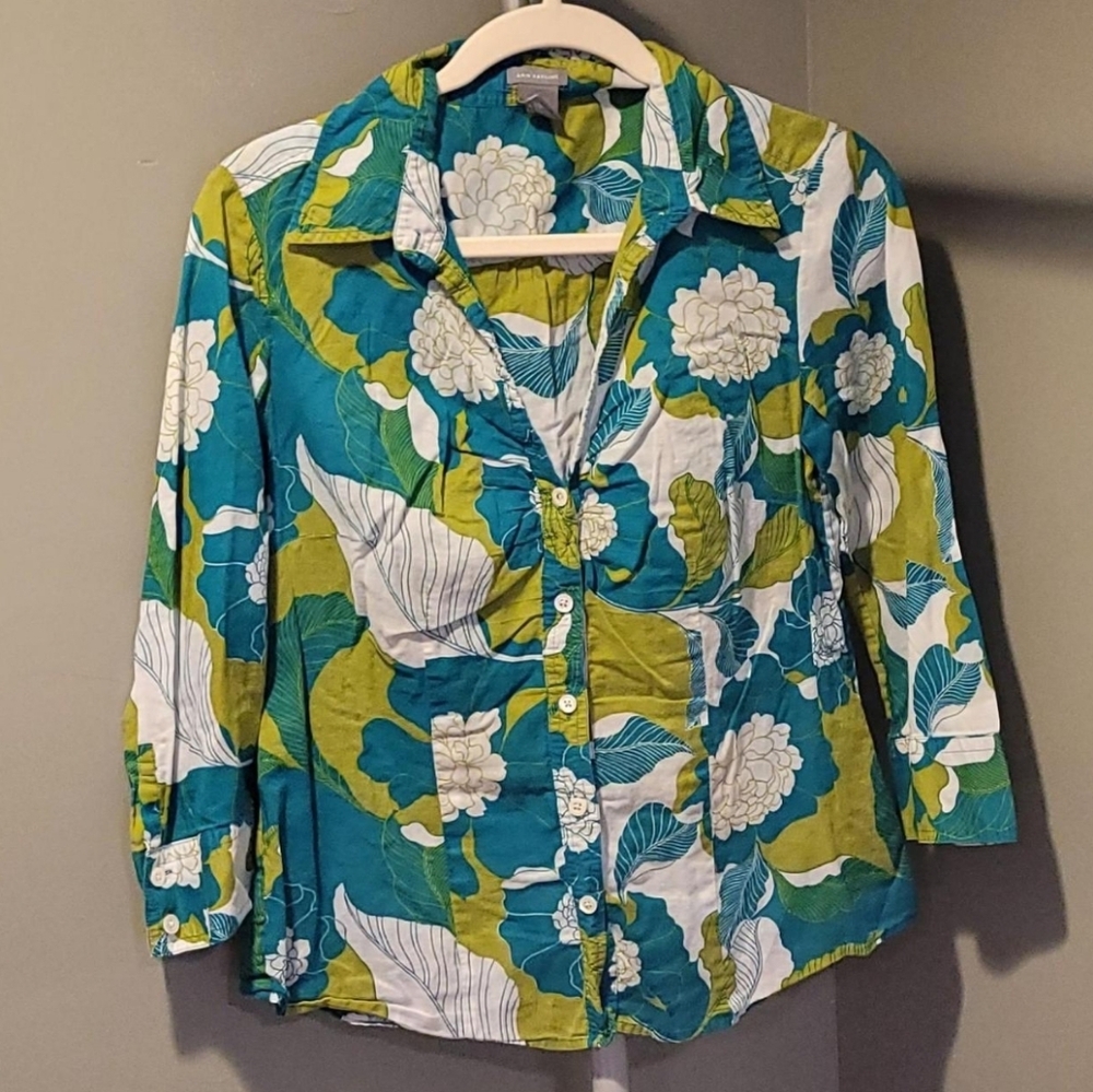 Ann Taylor Floral Leaf Print Button-Up Blouse V-Neck, Size 8, Teal Green White